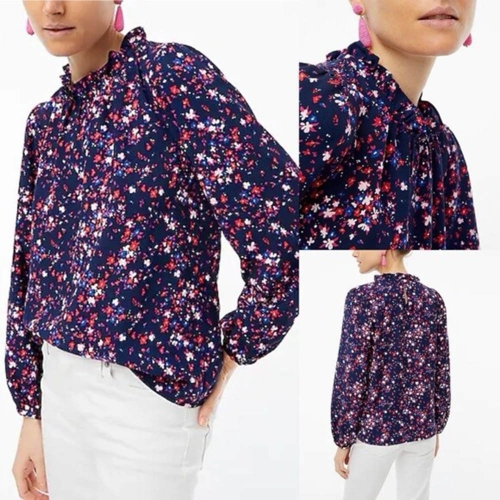 NWT J.Crew navy blue floral print ruffle neck long-sleeve blouse